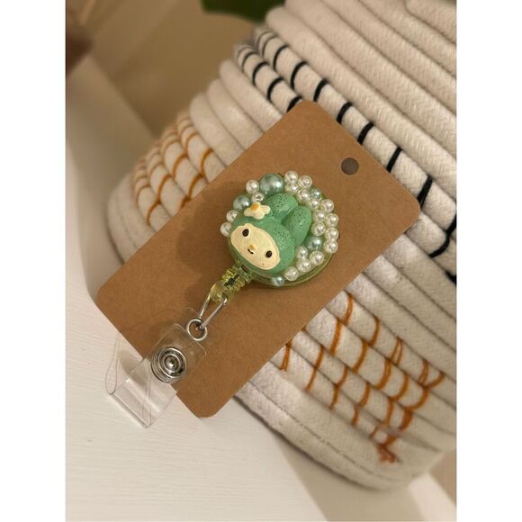 handmade Accessories - Hello Kitty Green Bunny and Pearls Badge Holder Badge Reel